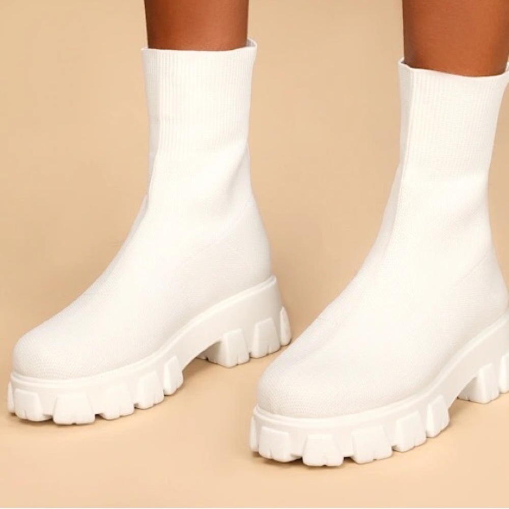 White Chunky Knit Sock Ankle Boots